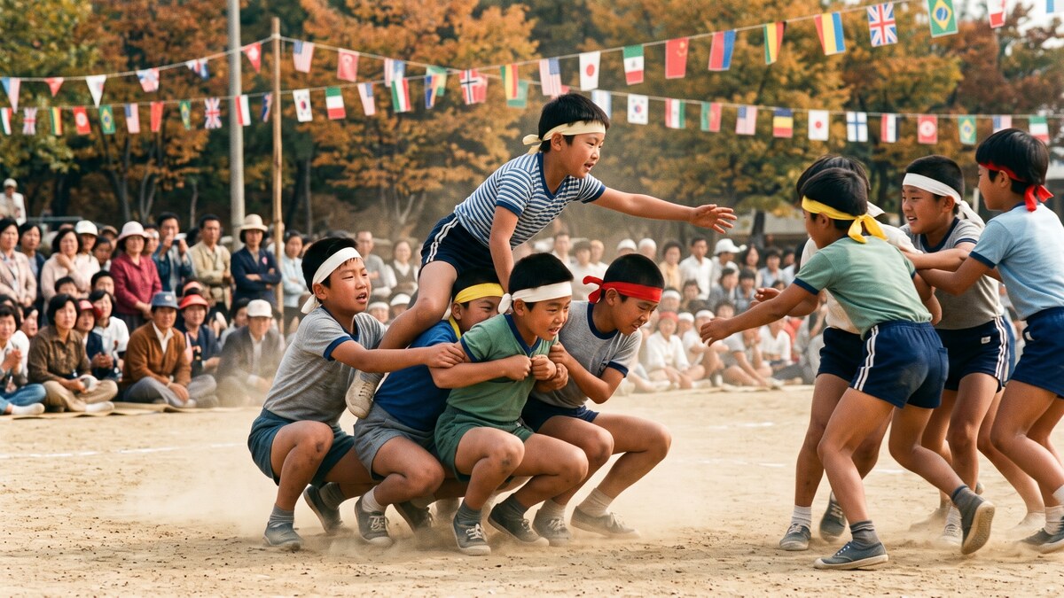 만국기 걸린 흙먼지 운동장에서 아이 넷이 말이 되어 웅크리고 그 위에 올라탄 기수가 상대편을 향해 손을 뻗는 기마전 경기 장면 — 1980년대 국민학교 가을 운동회 실사 스타일