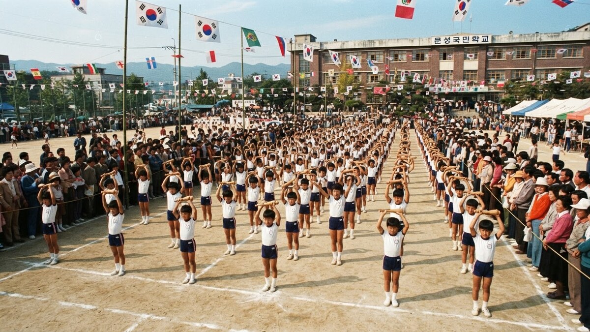 흙먼지 운동장에서 흰 체육복을 입은 아이들이 줄을 맞춰 서서 공중으로 곤봉을 들고 동작을 맞추는 거대한 대형 모습, 배경에 만국기와 학교 건물 — 1980년대 국민학교 가을 운동회 실사 스타일