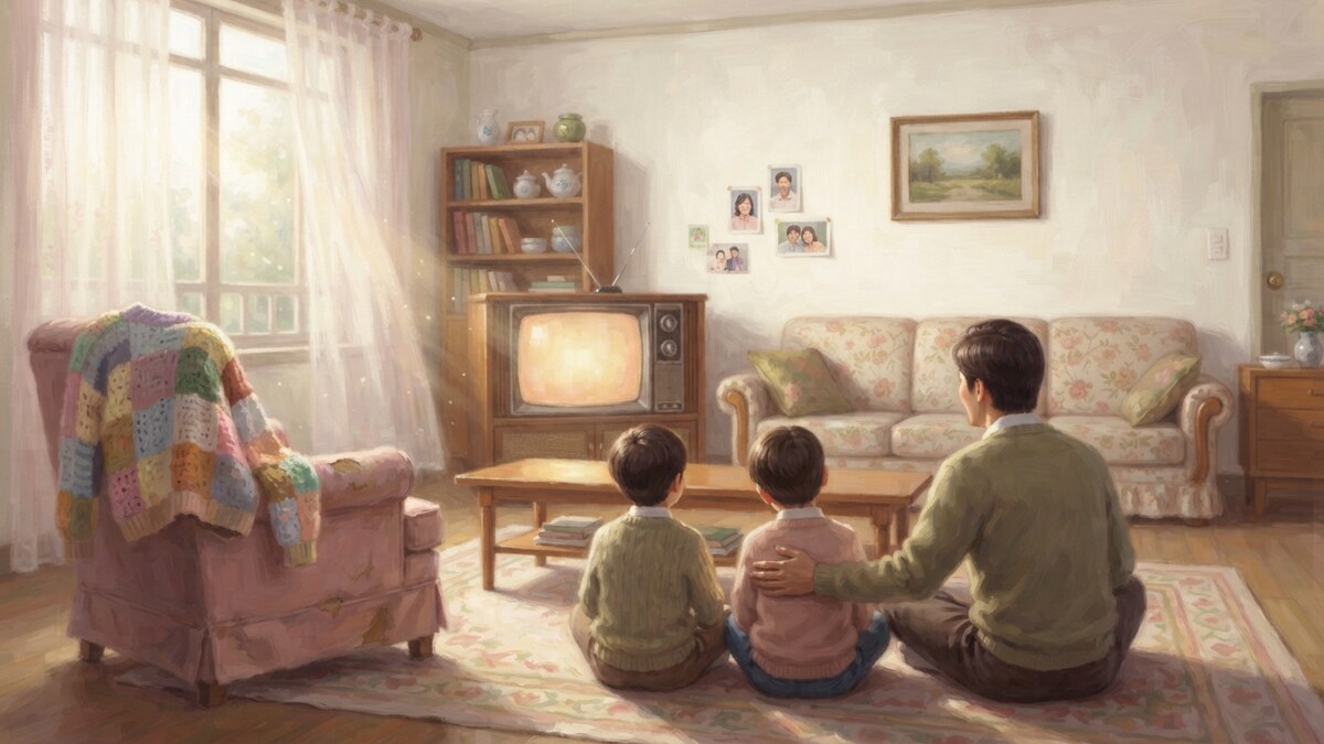 브라운관 앞에 모여 앉은 가족의 뒷모습, 일요일 아침 거실 — 1970년대 로맨스 잡지풍 유화 일러스트