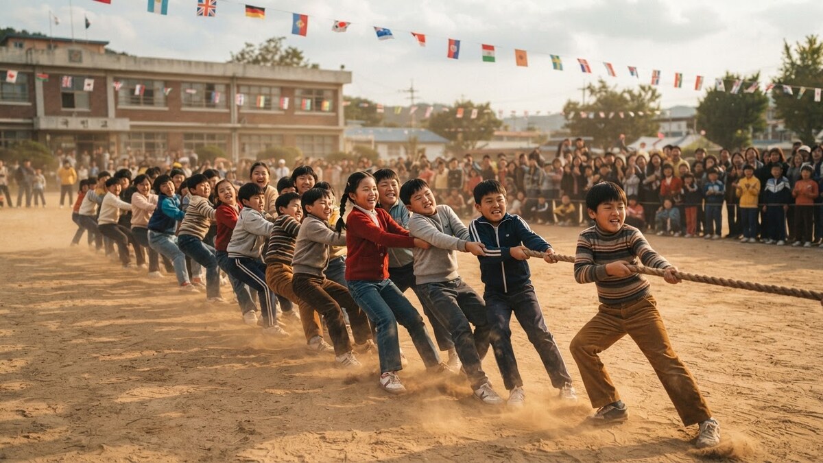 흙먼지 날리는 운동장에서 국민학교 아이들이 한 줄로 늘어서 밧줄을 온몸으로 당기는 줄다리기 경기 장면, 뒤로 만국기와 관중들 — 1980년대 가을 운동회 실사 스타일