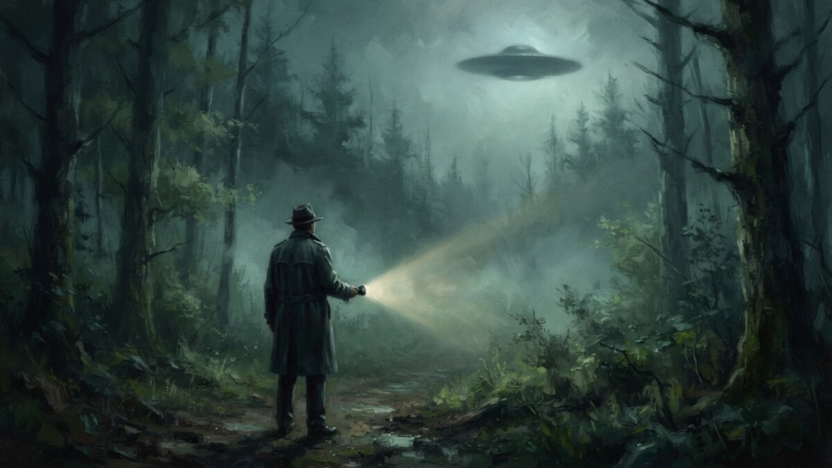 손전등을 든 요원의 뒷모습과 안개 낀 밤 숲 위에 떠 있는 UFO 실루엣 — 로맨스 잡지풍 유화 일러스트