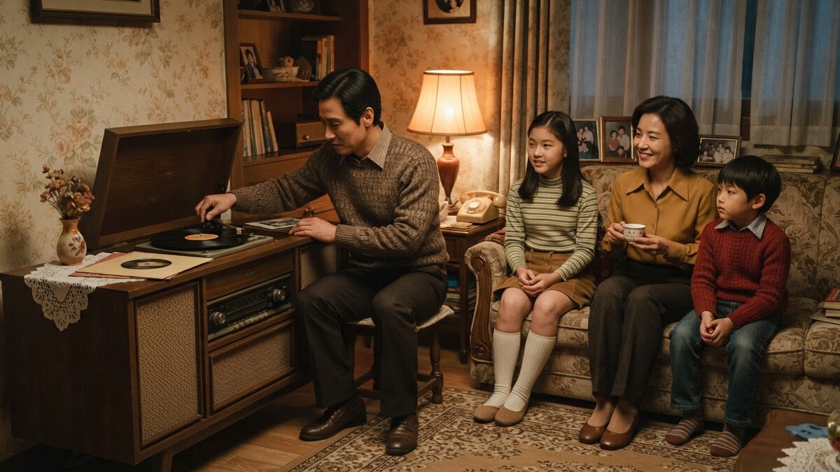 1970년대 한국 거실, 나무 캐비닛 전축 앞에 모여 앉아 레코드를 듣는 가족의 모습 — 따뜻한 필름톤의 실사 사진