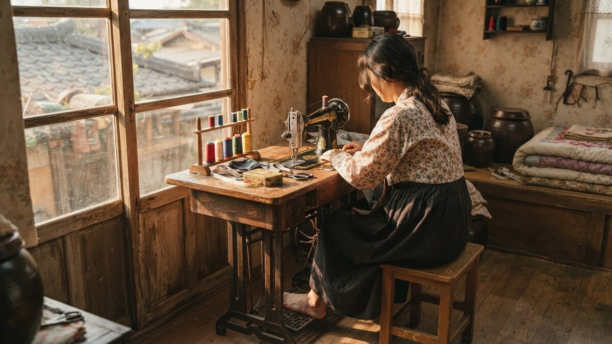 안방에서 발재봉틀 앞에 앉은 여성의 뒷모습, 1970년대 집안 풍경
