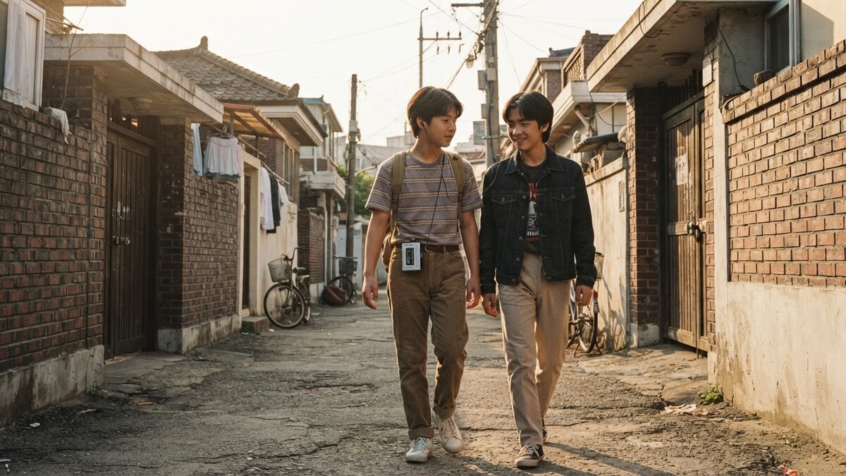 이어폰 한쪽씩을 나눠 낀 두 사람이 골목을 걷는 1980년대 워크맨 장면