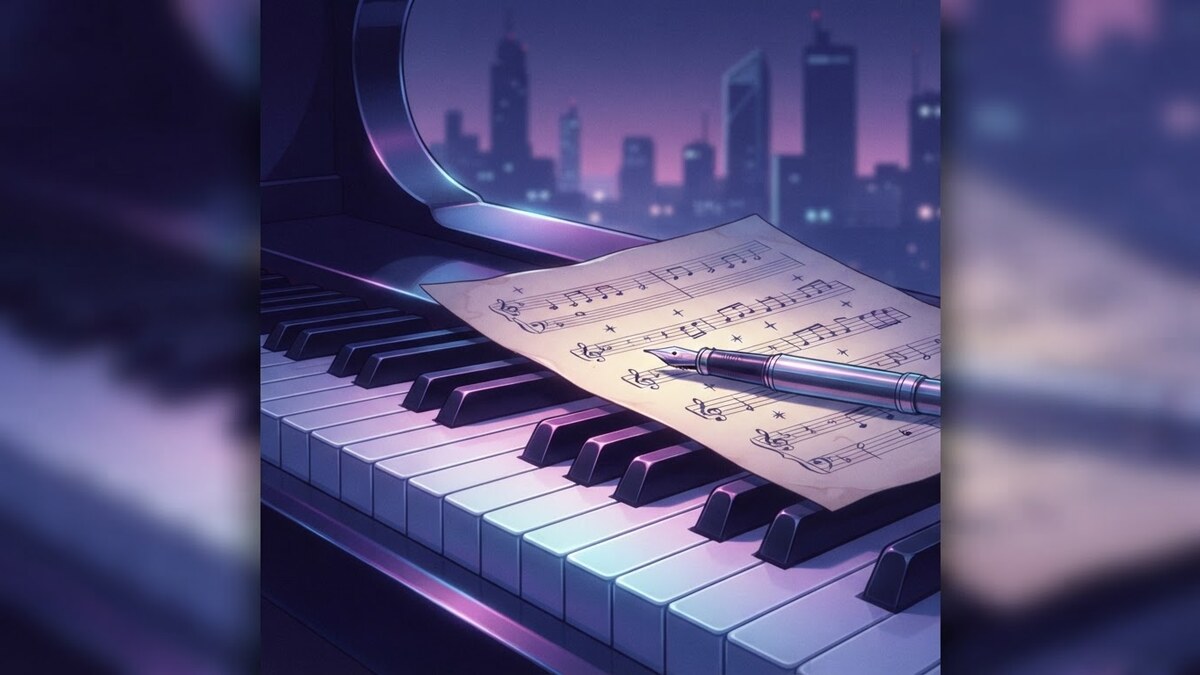 피아노 건반과 손글씨 악보, 펜 한 자루가 놓인 장면을 인디고·실버 네온 톤으로 담은 1980년대 시티팝 스타일 일러스트