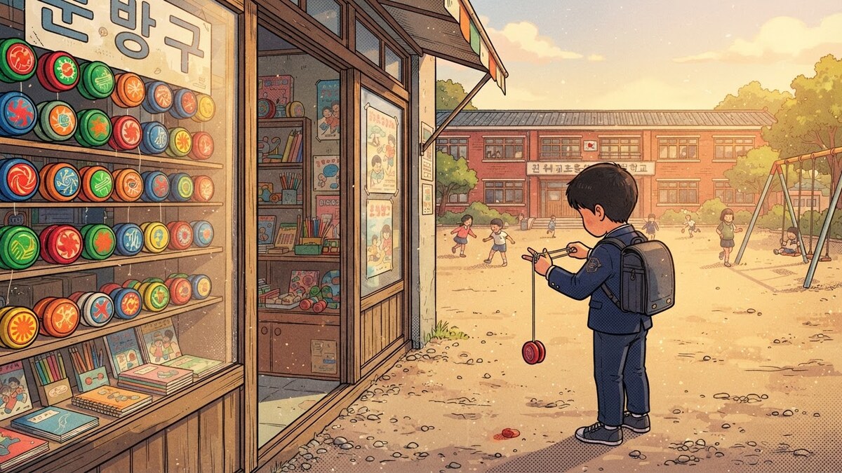 문방구 진열대의 코카콜라 요요와 운동장