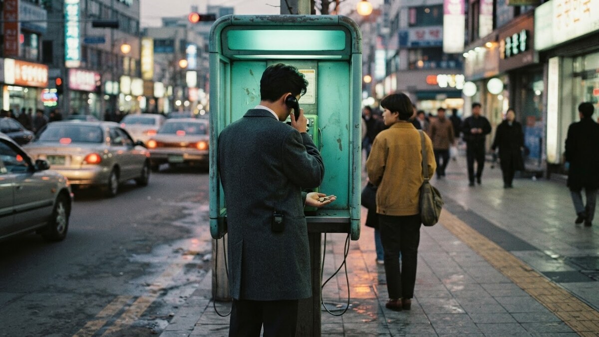 공중전화 박스 앞에서 동전을 쥔 직장인의 뒷모습, 1990년대 거리